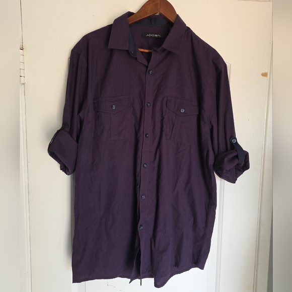 Men's Large Navy Burgundy Checkered Shirt Vintage Rolled Long Sleeves Axist - Picture 1 of 5